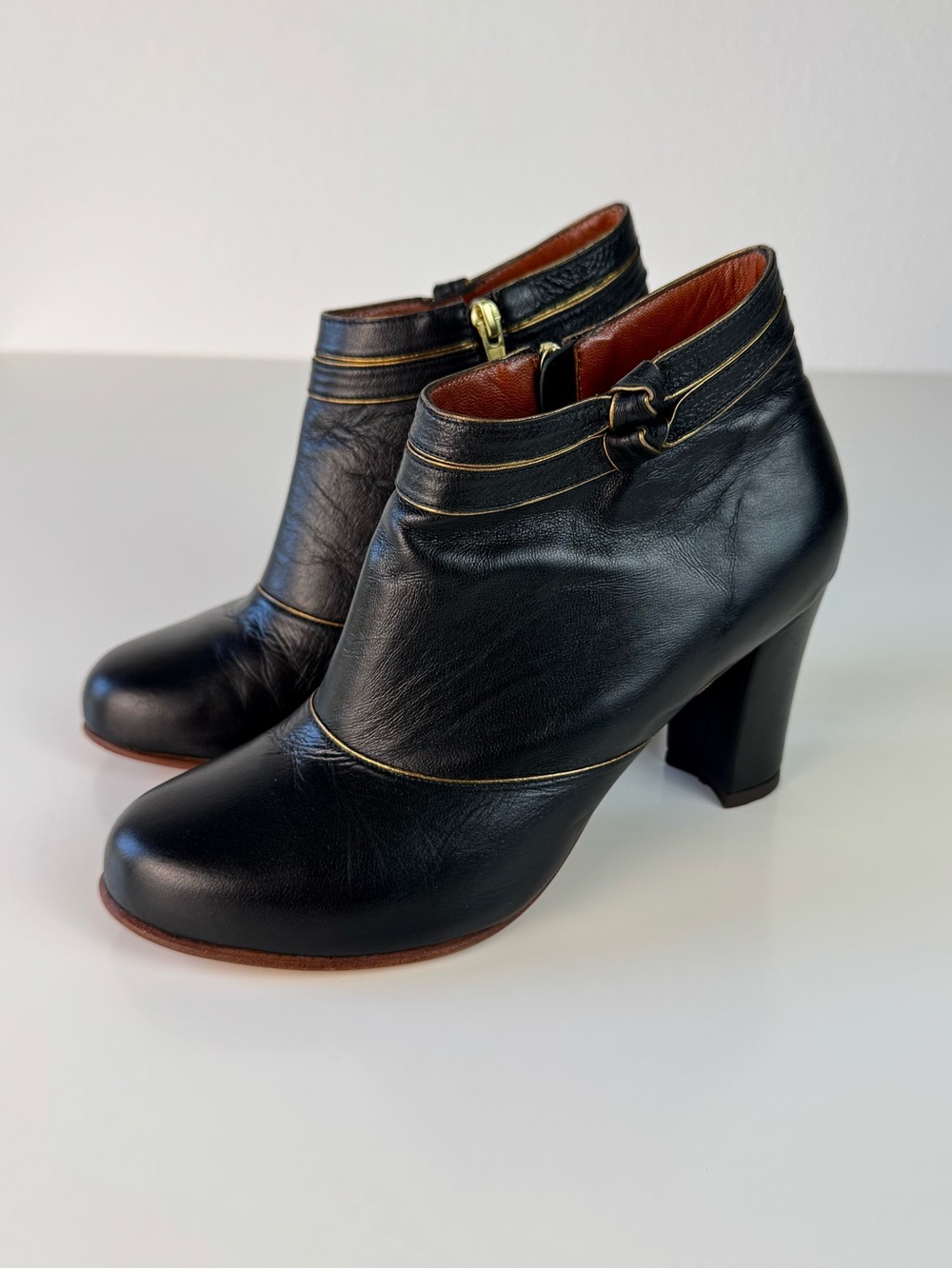 Luiza Perea Santos Leather Ankle Booties Anthropologie EU 37 US 6.5 Black Gold